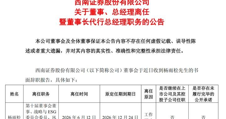 西南证券换帅：杨雨松辞任总经理重返渝富控股，董事长姜栋林代行职务